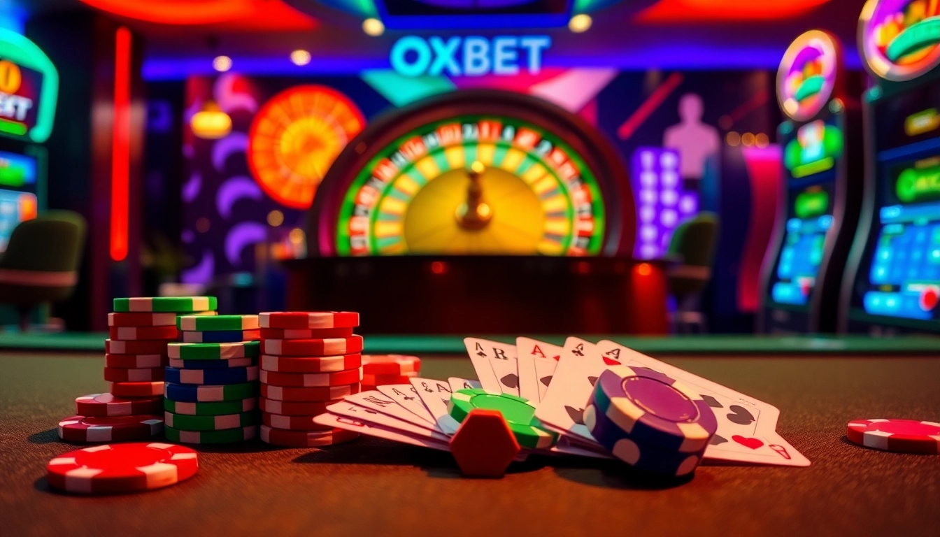 Experience thrilling gameplay at OXBET with vibrant poker chips and classic casino elements.