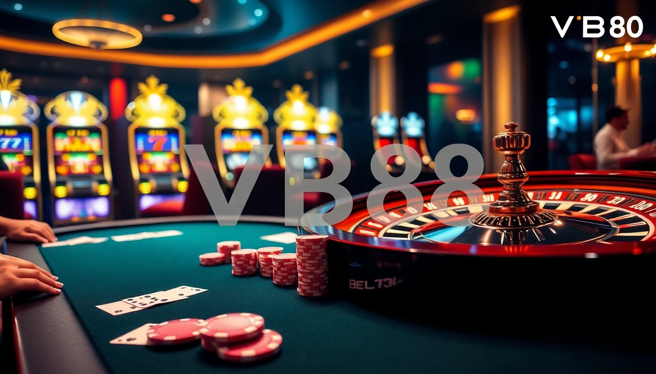 Experience high-stakes excitement at VB88 casino with engaging poker tables and vibrant chips.