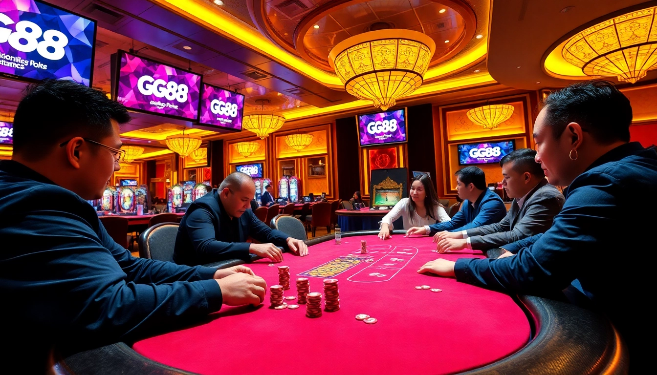 GG88 players enjoying an exciting poker game at a luxurious casino table.