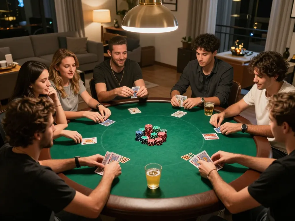 Friends engaging in intense poker action at home, showcasing qq88 strategies and vibrant gameplay.