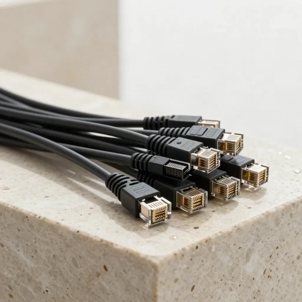Matné síťové kabely, kovové klipy a RJ45 konektory na světlém kameni po dešti.