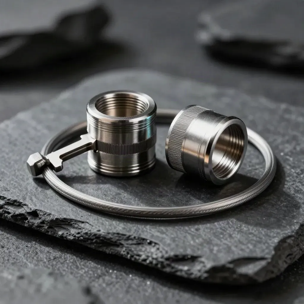 Brushed-metal couplery, kabelový sleeve a hex klíč na tmavém kameni.