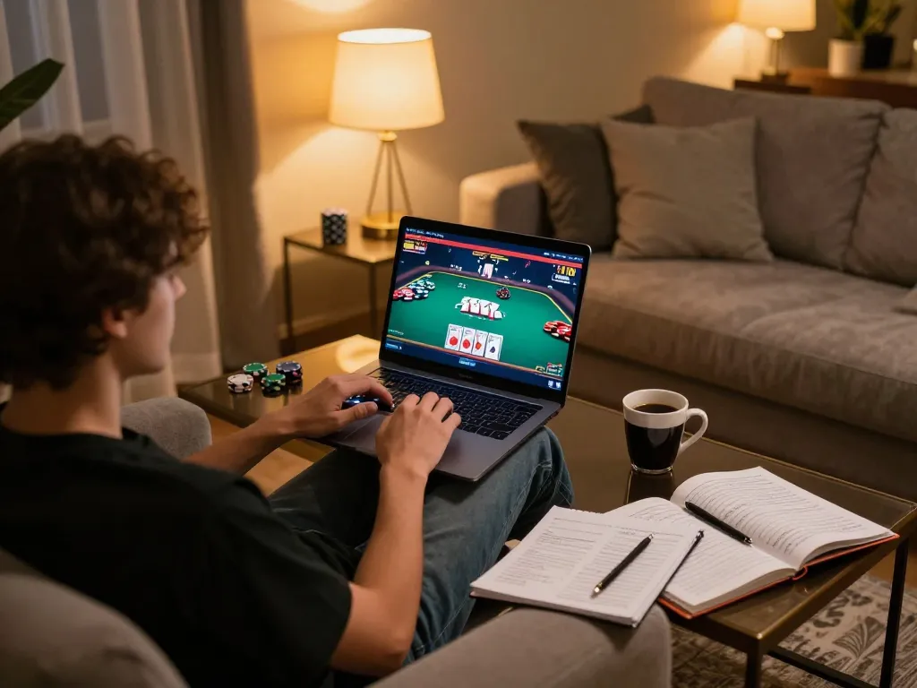 CM88 player strategizing during an online poker session with laptop and notes in cozy atmosphere.