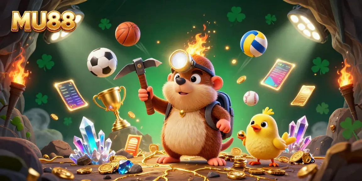 MU88 treasure hunter mole mining for gems amidst dynamic sports betting elements.