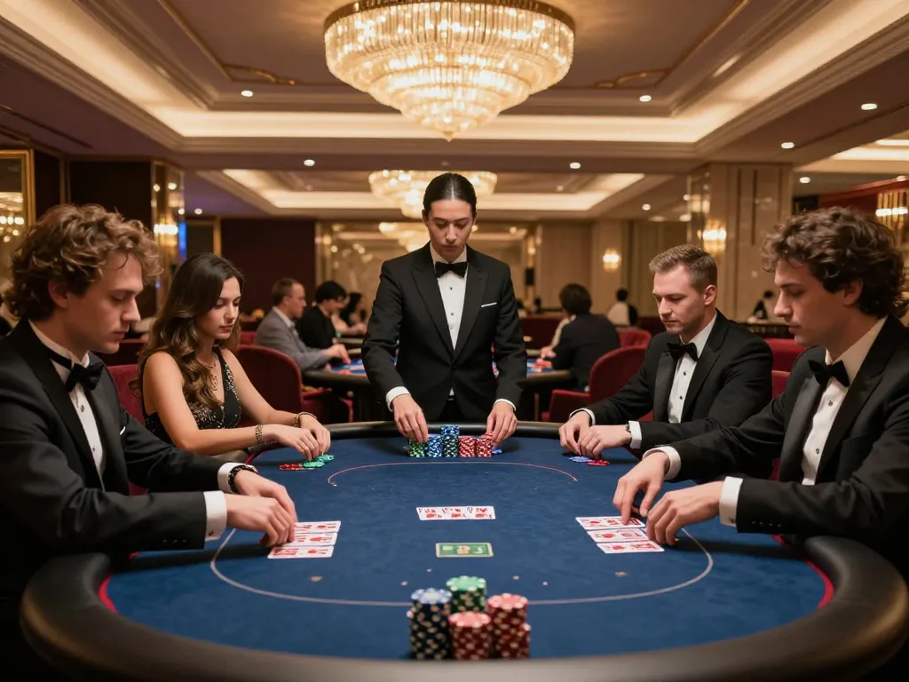 Experience tg88 vip poker action in an elegant casino setting, with players and lavish decor.
