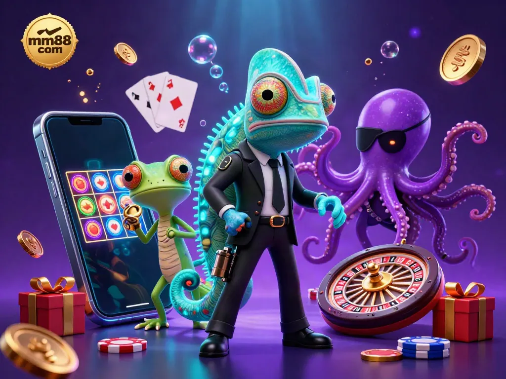 Win big with mm88 com in this vibrant 3D casino scene featuring a secret agent chameleon, gecko techie, and an octopus!