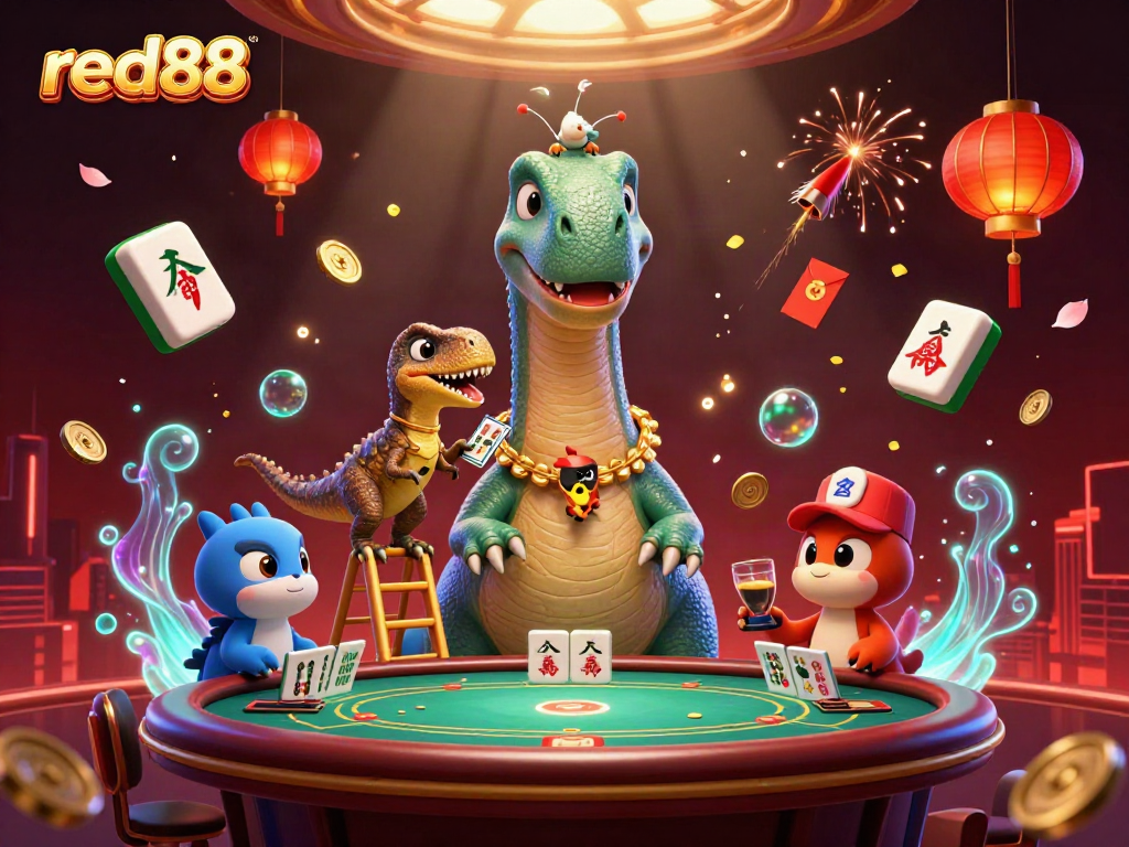Experience thrilling play at red88 with an ultra-detailed casino scene featuring unique characters and vibrant game elements.