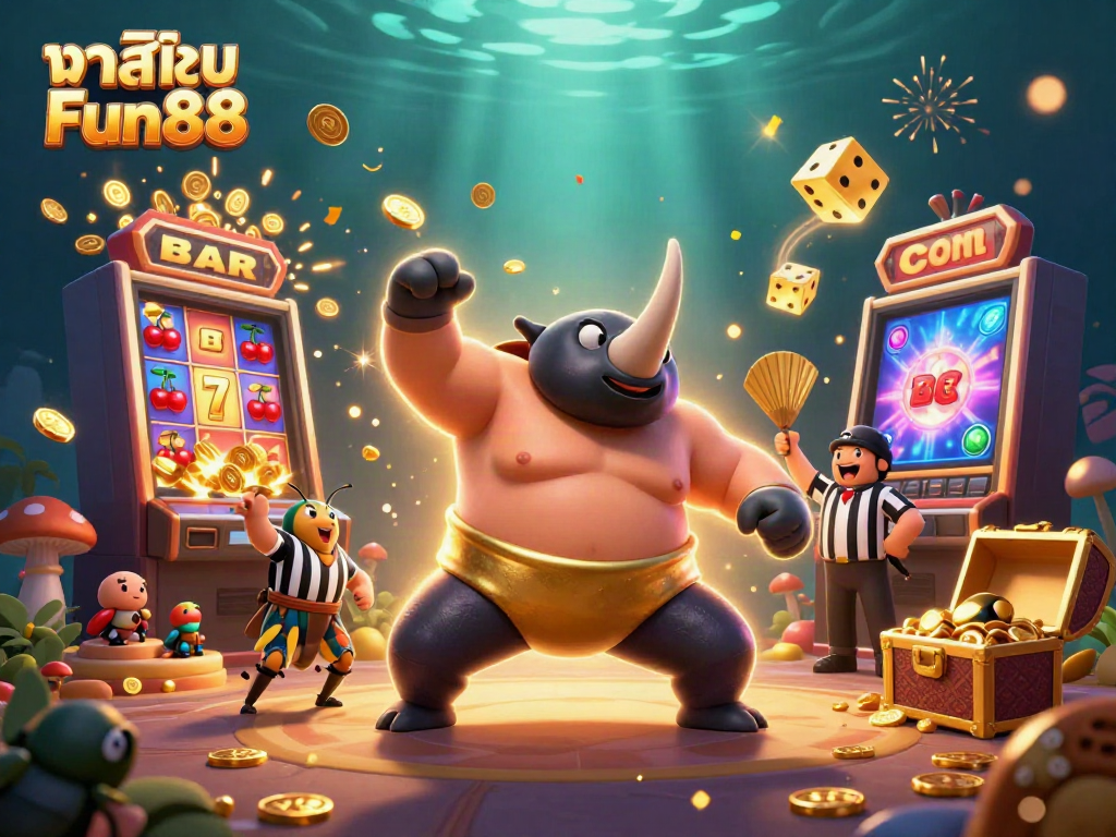 Experience the excitement of คาสิโน Fun88 with a dynamic scene of gaming action, featuring colorful slot machines and winning symbols.