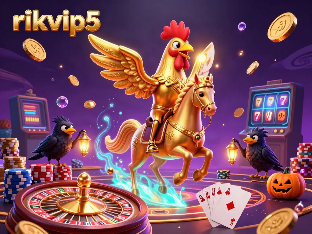 Experience thrilling gameplay at rikvip5 with a golden rooster in a dynamic midnight casino scene.