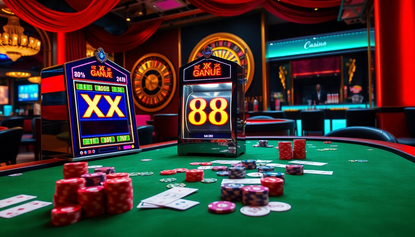 Experience thrilling gameplay on the luxurious XX 88 casino gaming table with vibrant slots and poker elements.