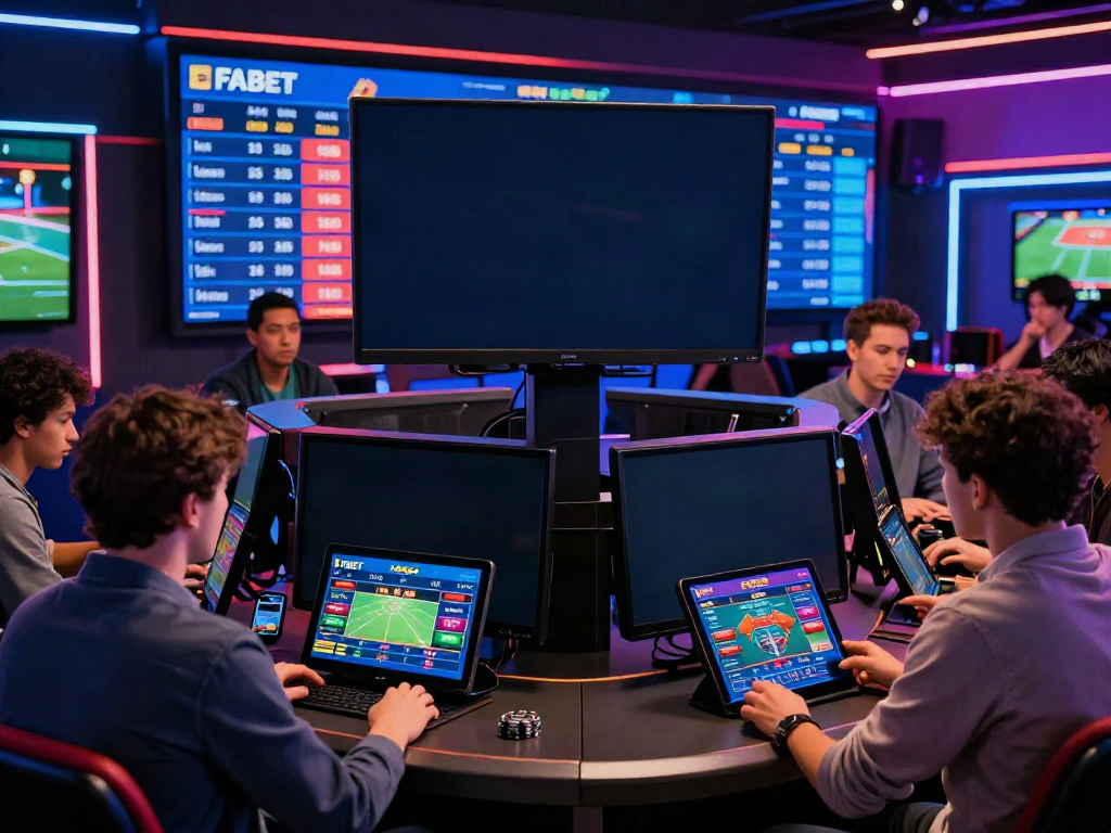 Experience the excitement of online gambling at https://fabet.com.mx/ with a diverse group enjoying sports betting and live casino games in a vibrant setting.