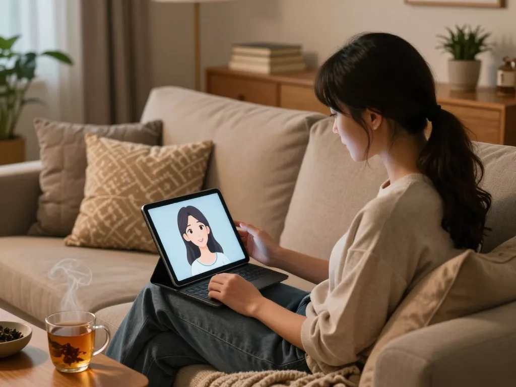 Engaging conversation with a girlfriend AI in a cozy living room setting.
