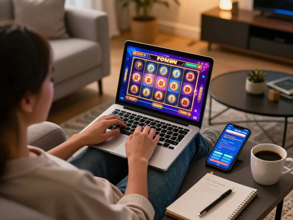Playing online slots at home with 98win com on the screen, cozy living room setting.