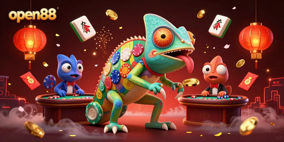 Engage with the thrilling world of open88 as the chameleon casino owner catches golden coins amidst vibrant, festive casino elements.
