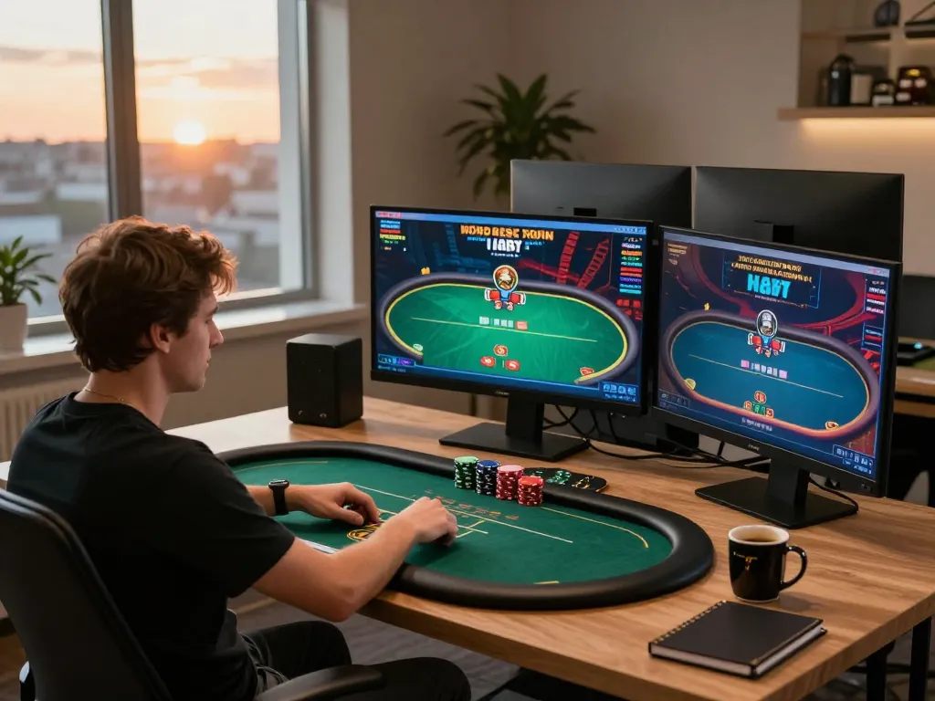 RR88 online poker gameplay setup showing multiple screens and strategic atmosphere.