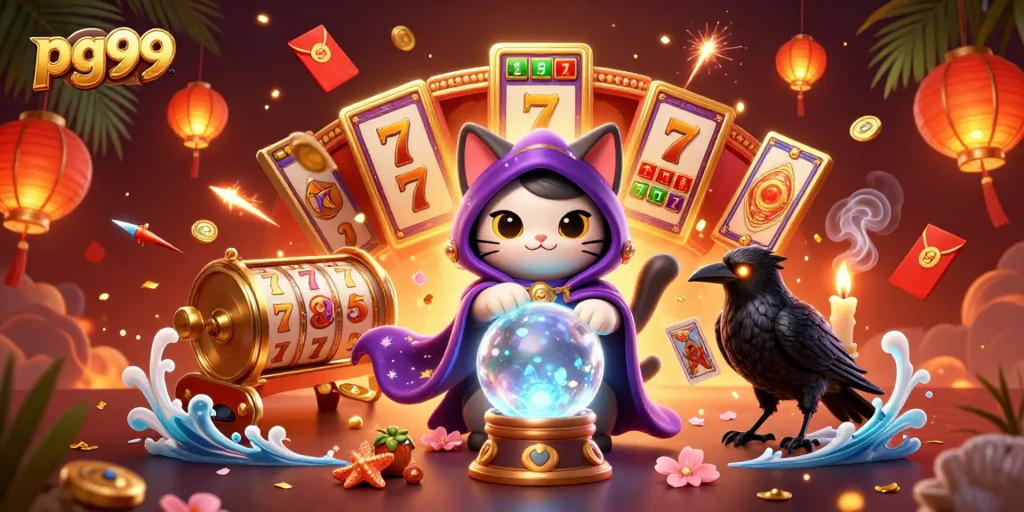 Experience the excitement of pg99 with a mystical cat, raven, and vibrant gaming elements.