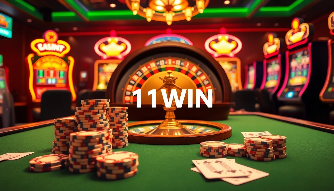 Experience the thrill of gambling with 11WIN at a luxurious casino featuring poker tables and slot machines.