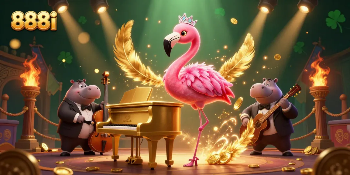 This vibrant 888i casino scene showcases a flamingo singer and hippo bassist amidst gold coins and dynamic gambling elements.