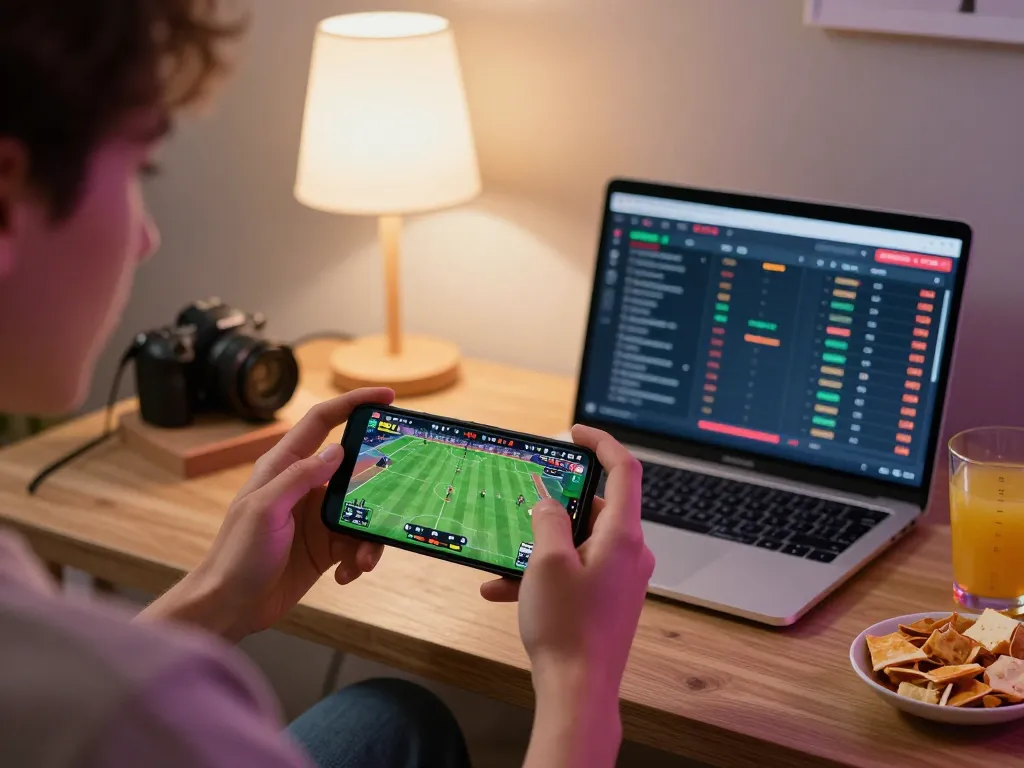 Person engaging in mobile sports betting using their smartphone while seated comfortably at home, showcasing the excitement of online betting at https://tr88.bio/