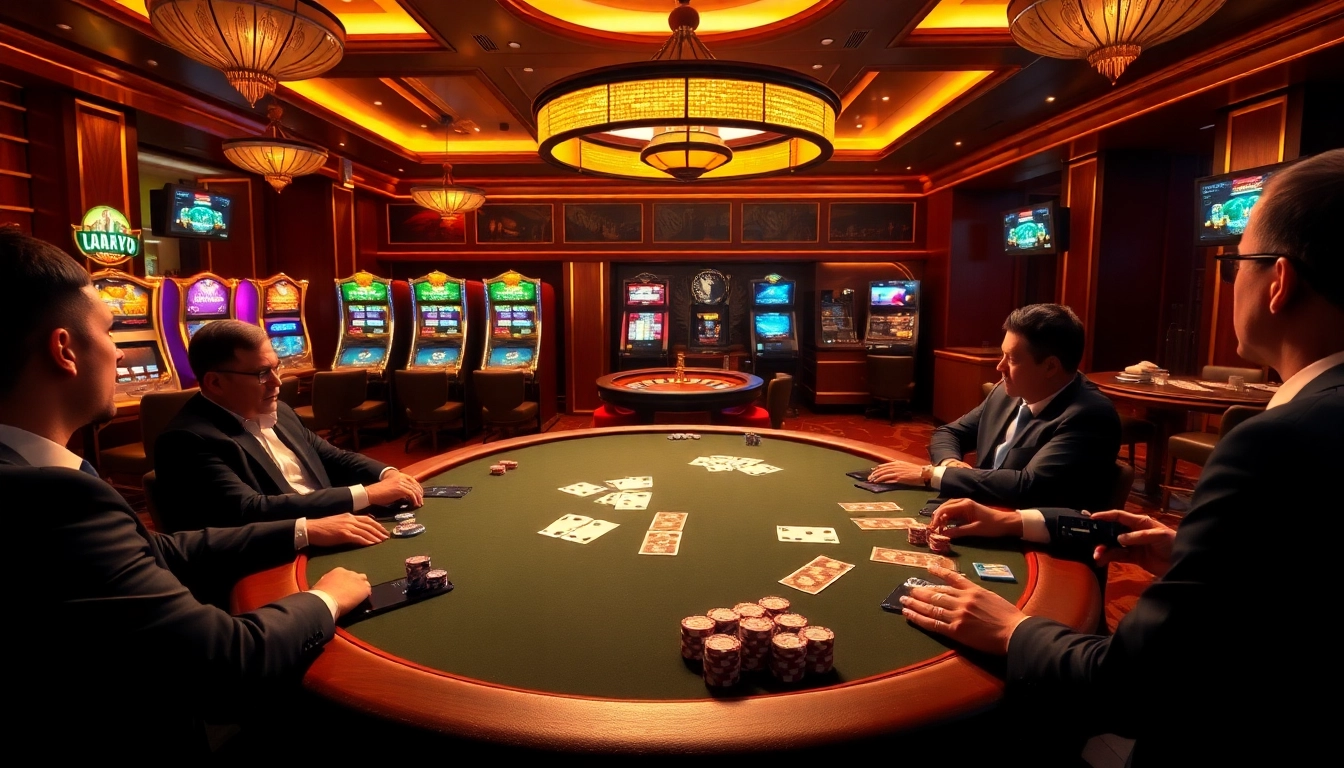 High-stakes poker at https://lu88bb.com/ featuring elegant players and vibrant casino decor.