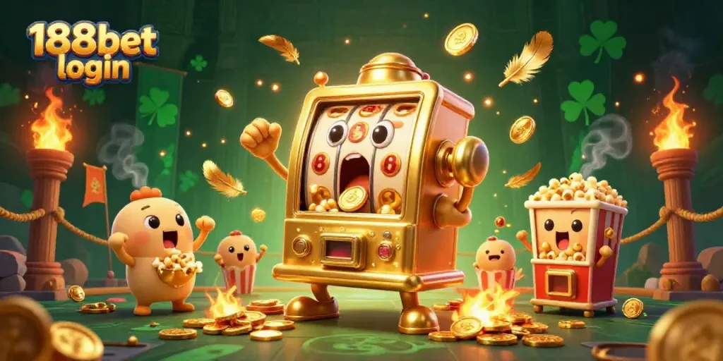 Experience the excitement of 188bet login with a golden slot machine celebrating a jackpot amidst cheers and coins.