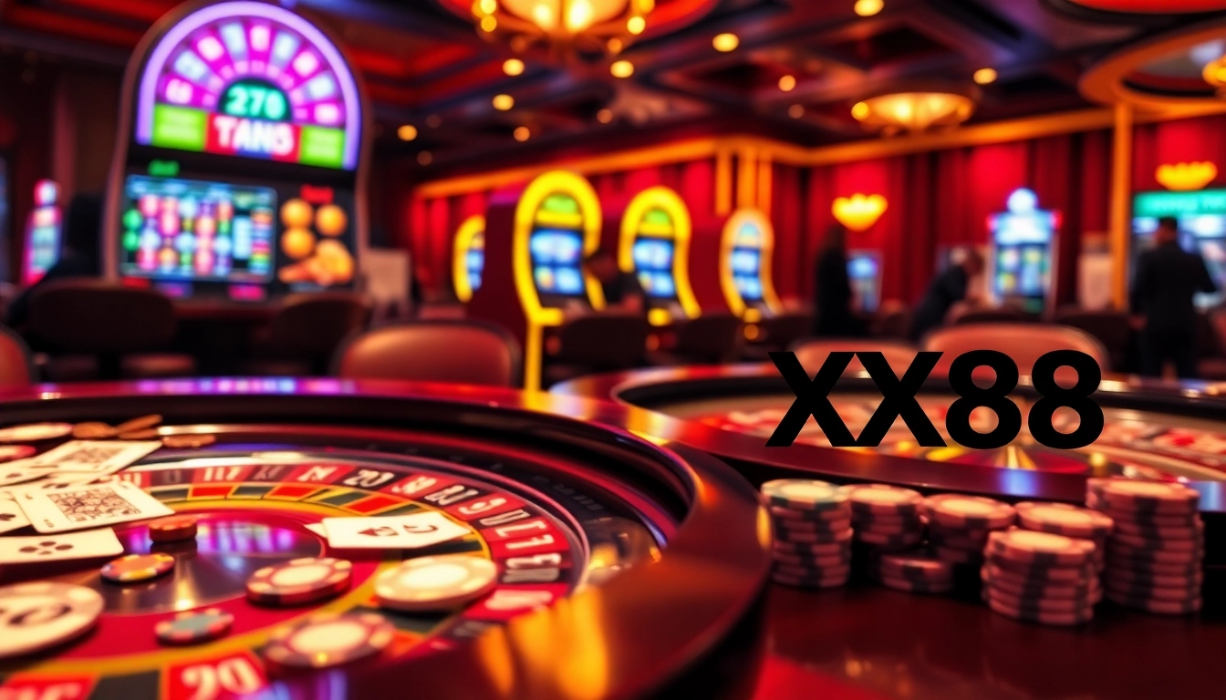 Experience the thrill of gaming at XX88 with vibrant casino elements like roulette and poker chips.