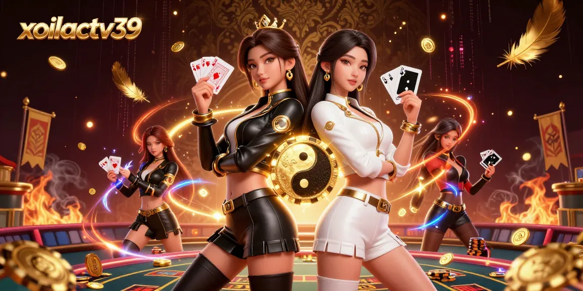 Xoilactv39 shows twin Asian women engaging in a vibrant sports betting scene, showcasing strategy with playing cards.