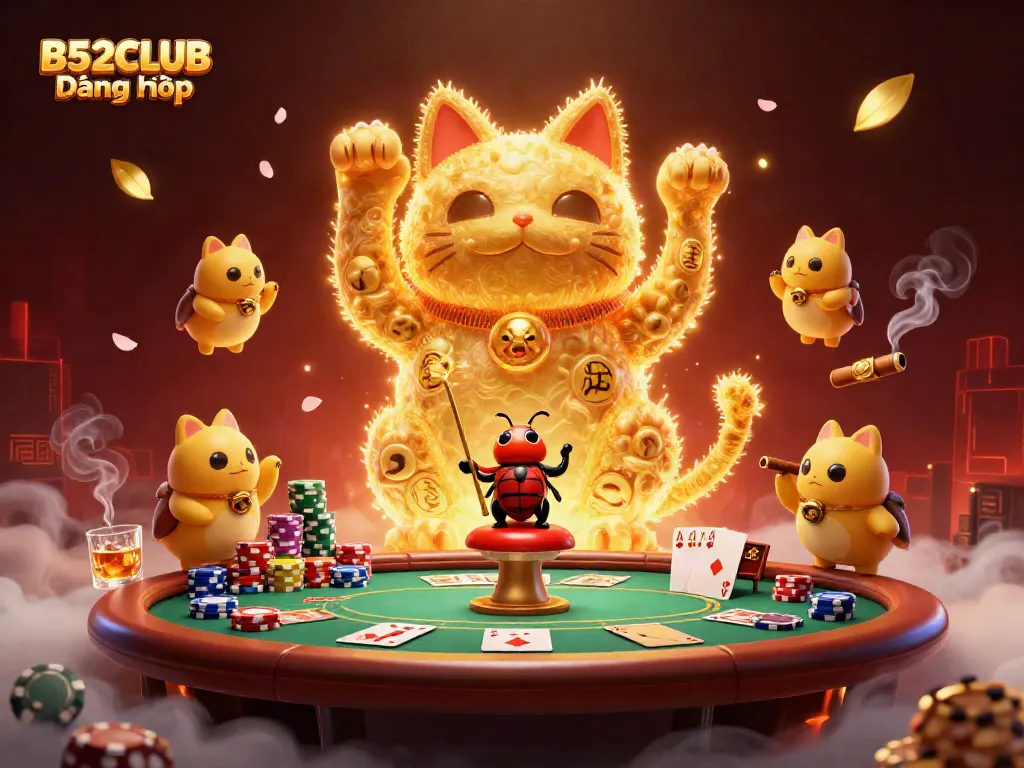 B52CLUB Đăng nhập showcases a vibrant 3D illustration of a lucky cat and poker elements in a bustling casino scene.