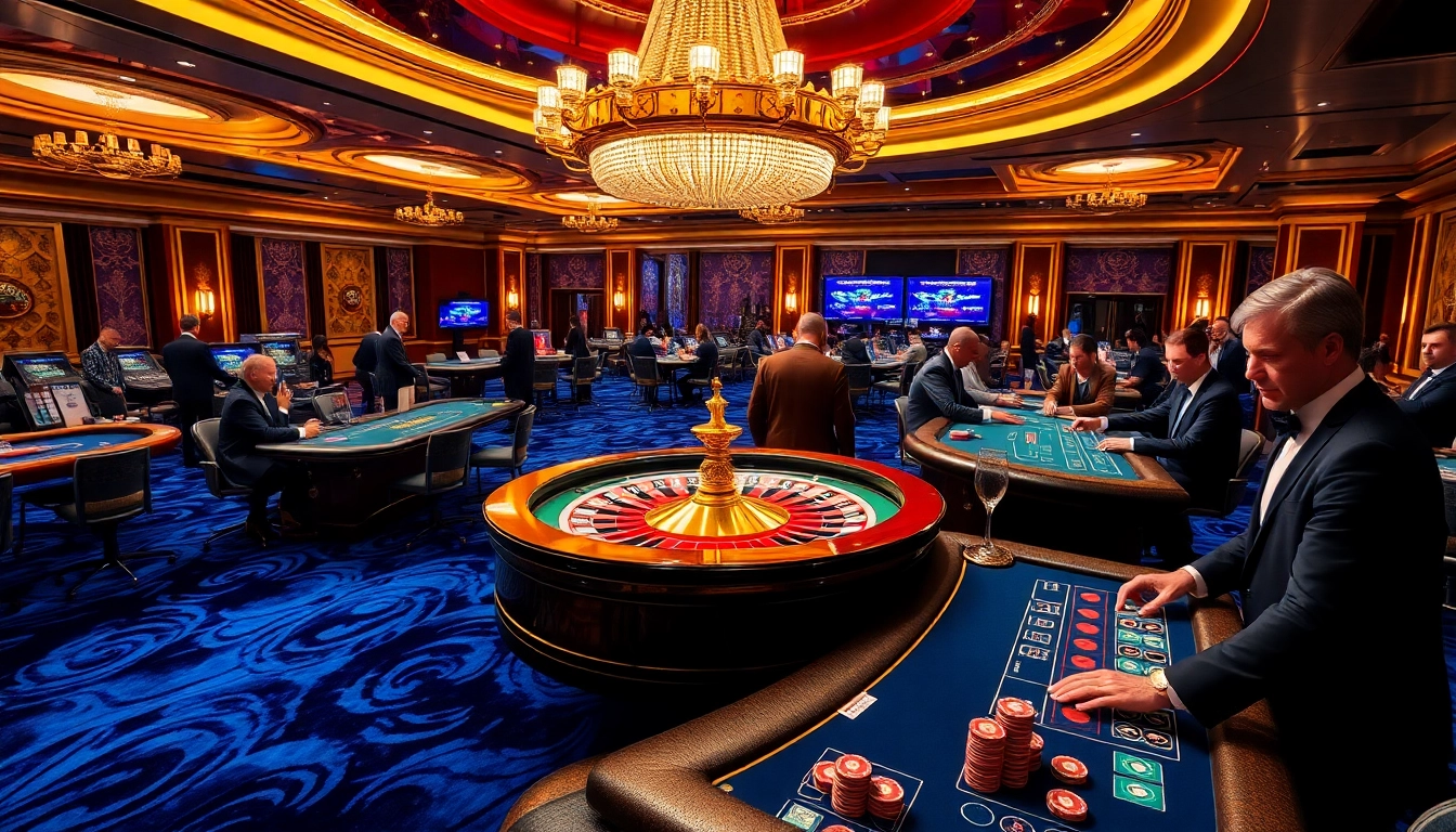 Players strategizing at a luxurious casino scene, showcasing excitement and betting activity at https://da88st.com/.