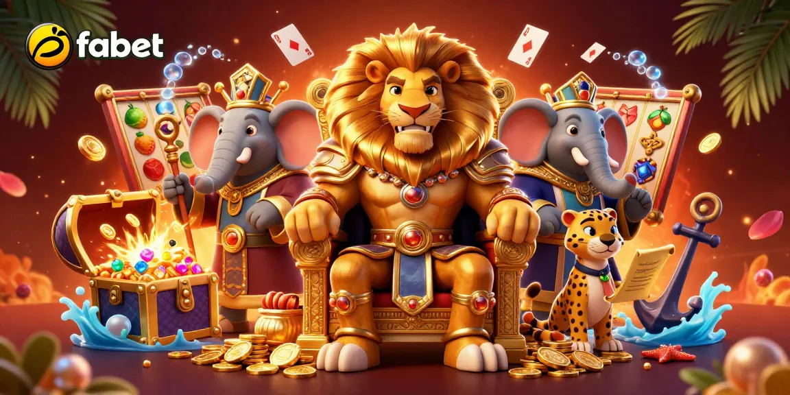 Experience the thrilling atmosphere at fabet with a majestic lion king and exciting slot game elements.