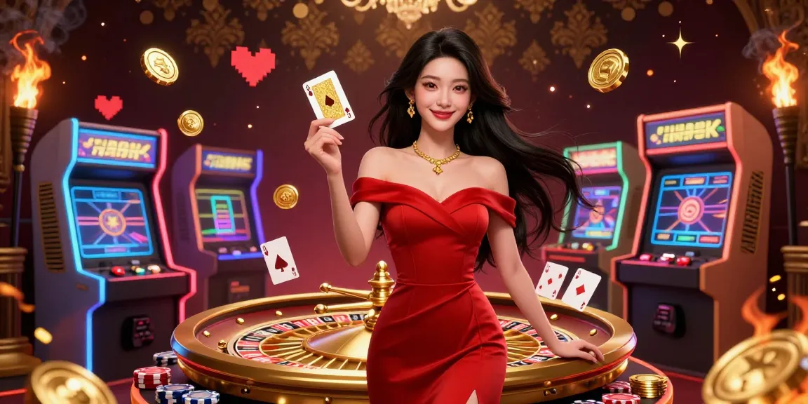 Experience excitement at rr88pet as a beautiful Asian woman elegantly showcases her skills with a golden card in a vibrant casino scene.