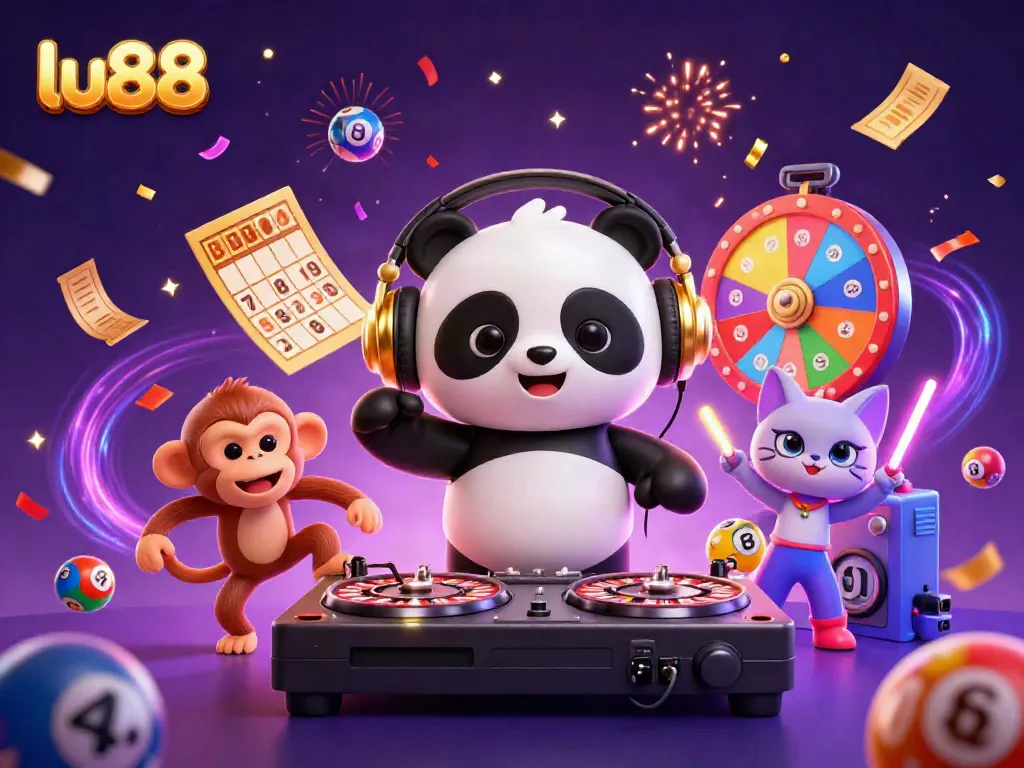 Experience the excitement of lu88 with a vibrant casino scene featuring a DJ panda, dancing monkey, and rave kitten.