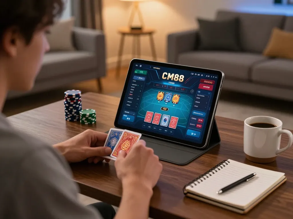 Player engaging with CM88 online gaming app in a cozy living room, showcasing strategic gameplay.