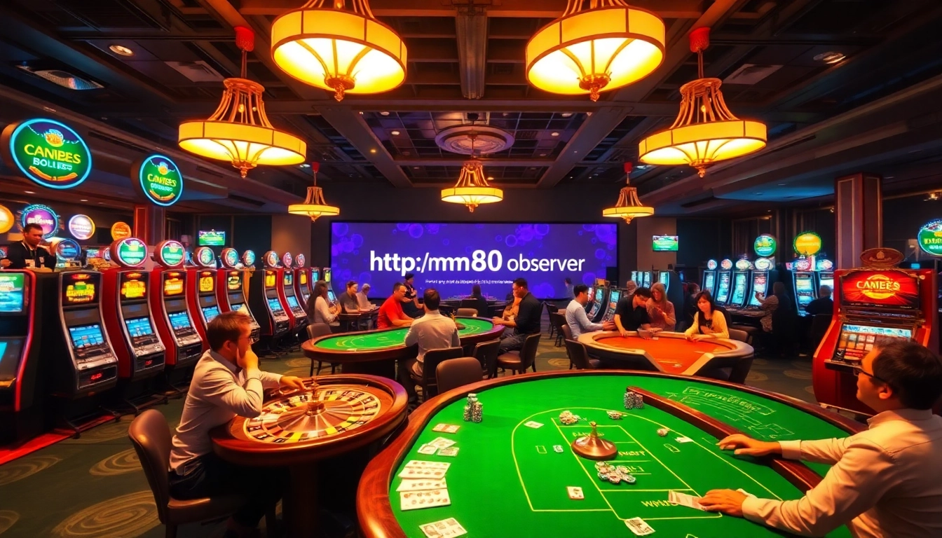 Engaging casino scene at https://mm88.observer/ with players, roulette wheels, and vibrant slot machines.