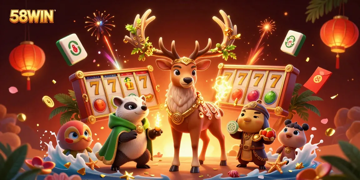 Experience 58WIN's dynamic gaming world with vibrant characters and casino elements.