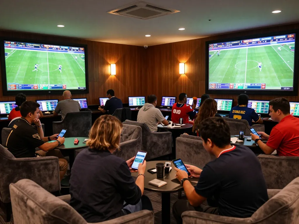 Engaged bettors in a lively sports lounge assessing tỷ lệ bóng đá kèo nhà cái for better odds