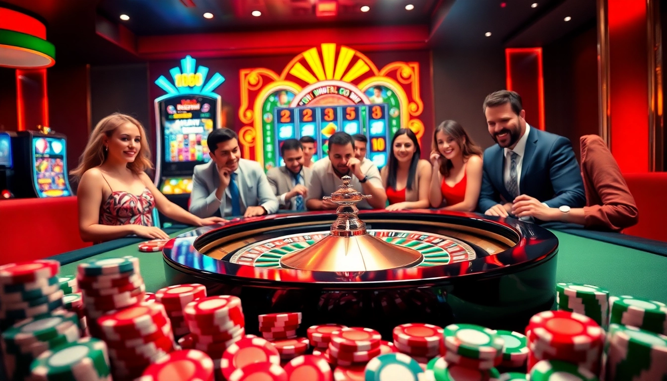 Players engaging at a vibrant RR88 casino table with roulette and slot machines.
