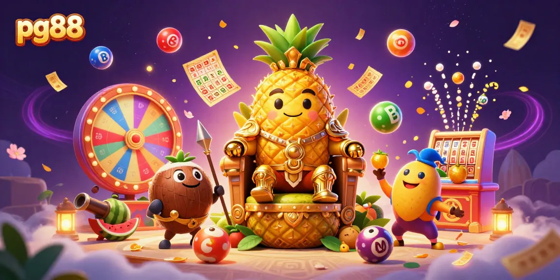 Engage with pg88's thrilling beach casino scene featuring playful characters and dynamic lottery elements.