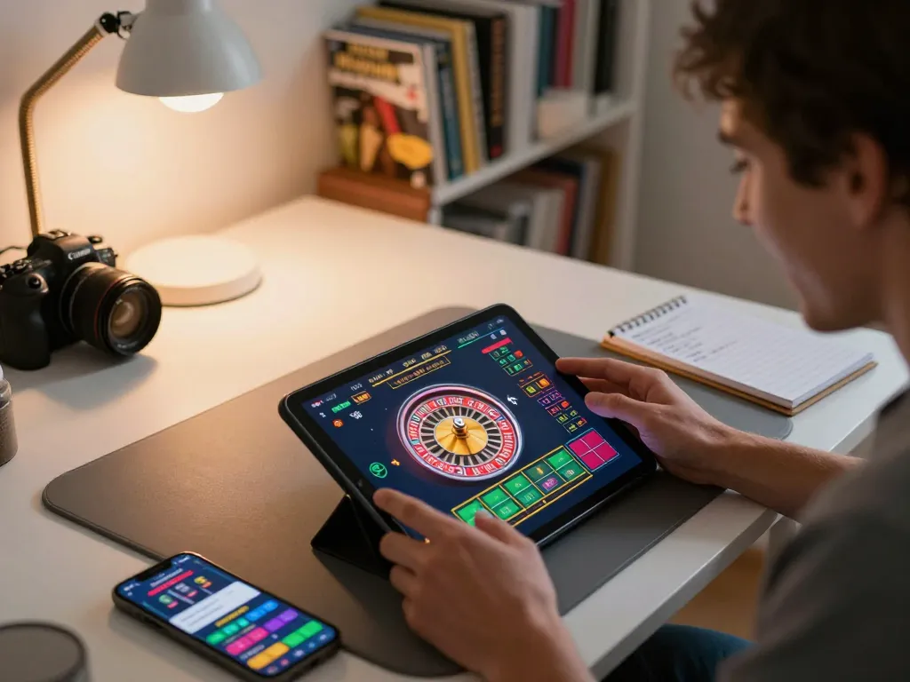 Engaging gameplay on nhà cái MM88 with roulette table displayed on a tablet screen, setting the atmosphere of online gambling excitement