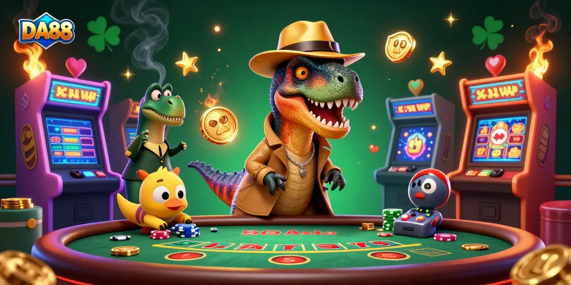 Engage in thrilling gameplay with DA88 at a vibrant casino featuring animated velociraptors and dynamic game elements.