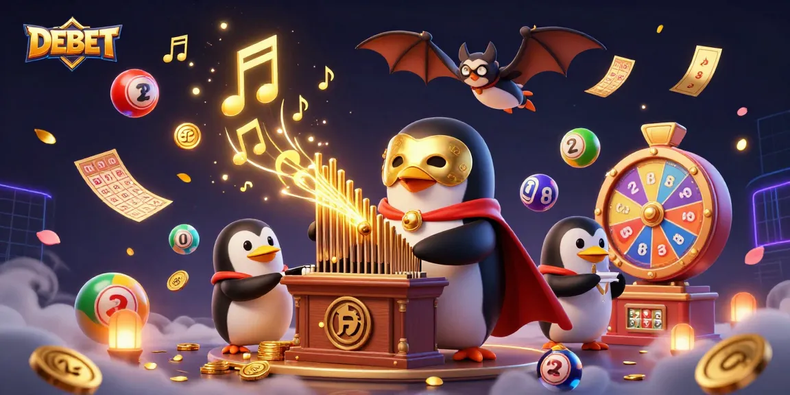 Experience the thrill of DEBET with vibrant lottery elements, golden musical notes, and animated casino symbols.