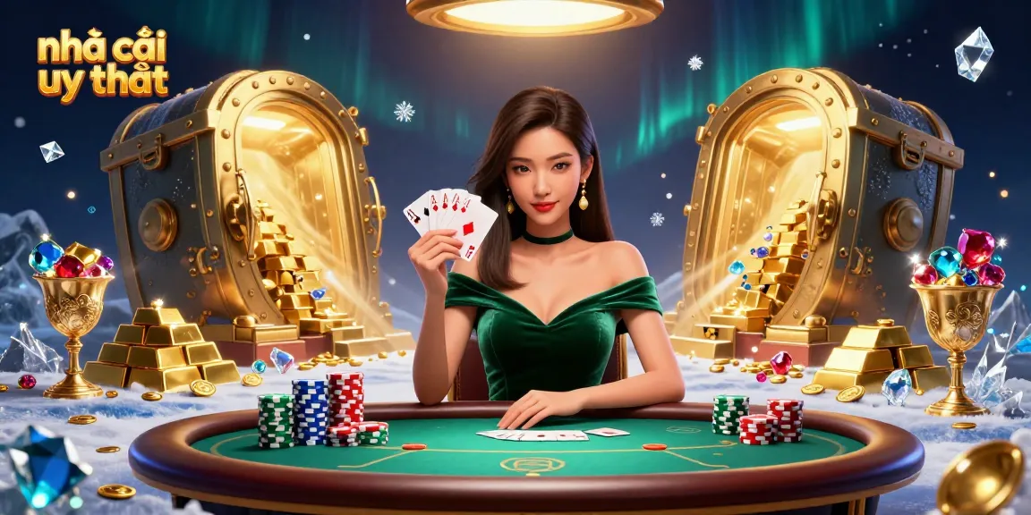 Engage in exciting gameplay at nhà cái uy tín with a stunning poker scene illuminated by treasure.