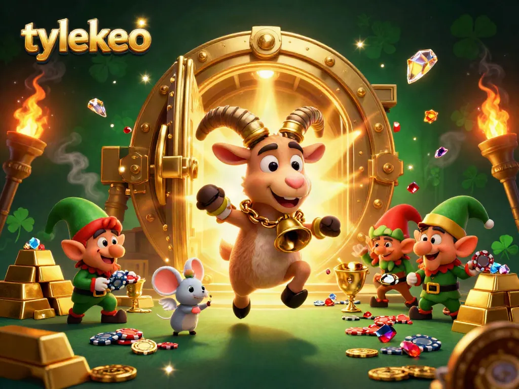 Engaging tylekeo scene with a festive Krampus goat, angel mouse, and elf gremlins in a lively casino setting.