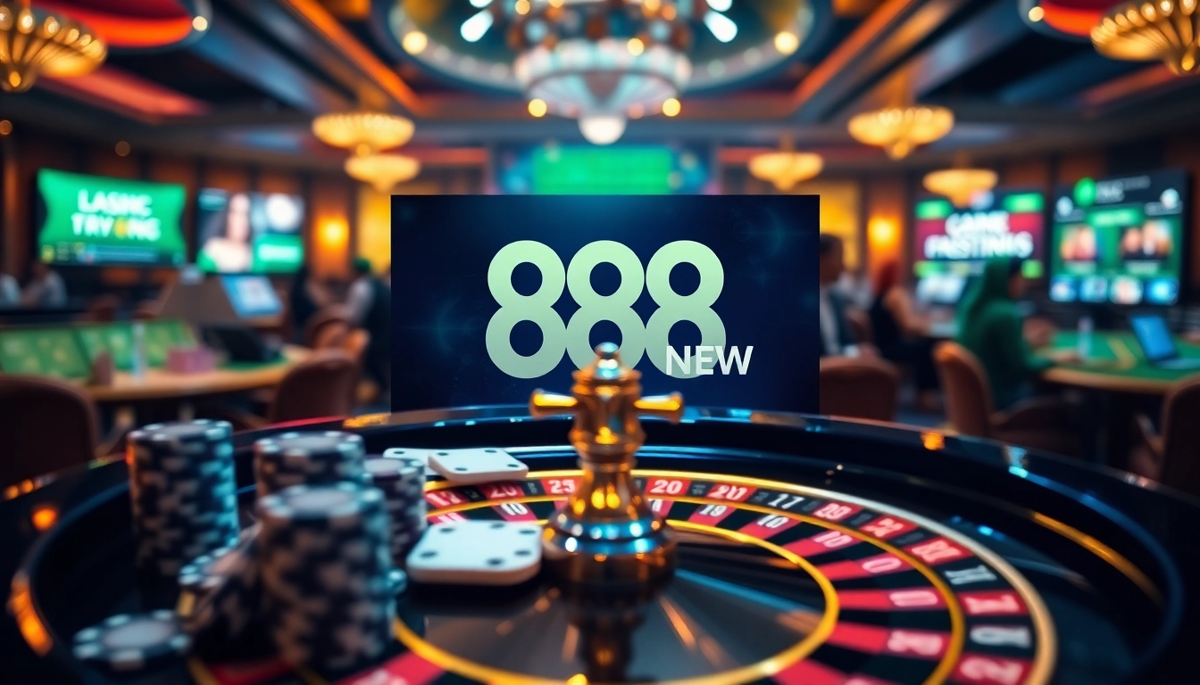 Engage with thrilling games at 888 NEW, where vibrant tables and poker chips create an exciting gambling atmosphere.