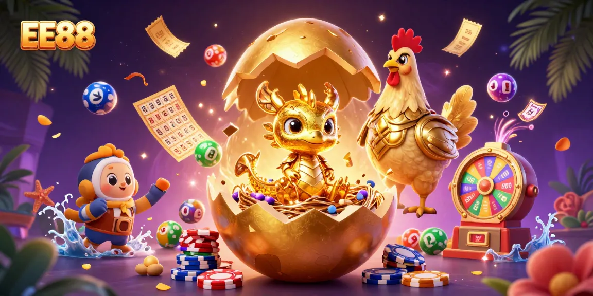 Engage with EE88's thrilling gaming world of a golden dragon nestled on poker chips amid dynamic lottery elements.