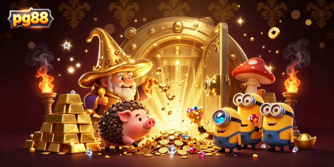 Experience the magic of pg88 with a golden wizard and treasure-filled scene full of gems and rewards.