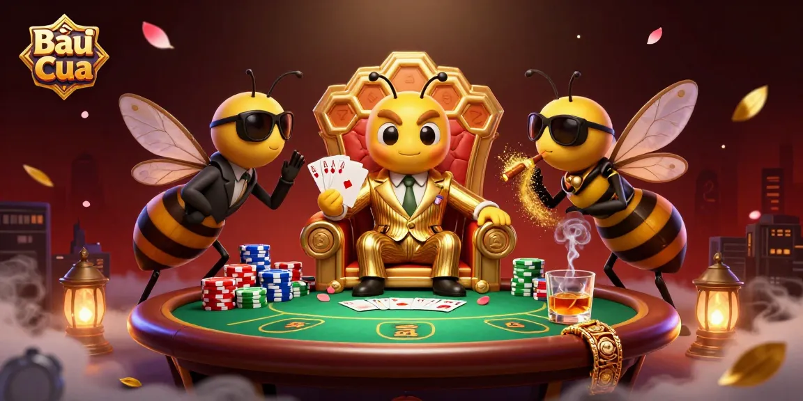 Bầu Cua game scene illustrating a mob boss in a honeycomb throne with poker elements.