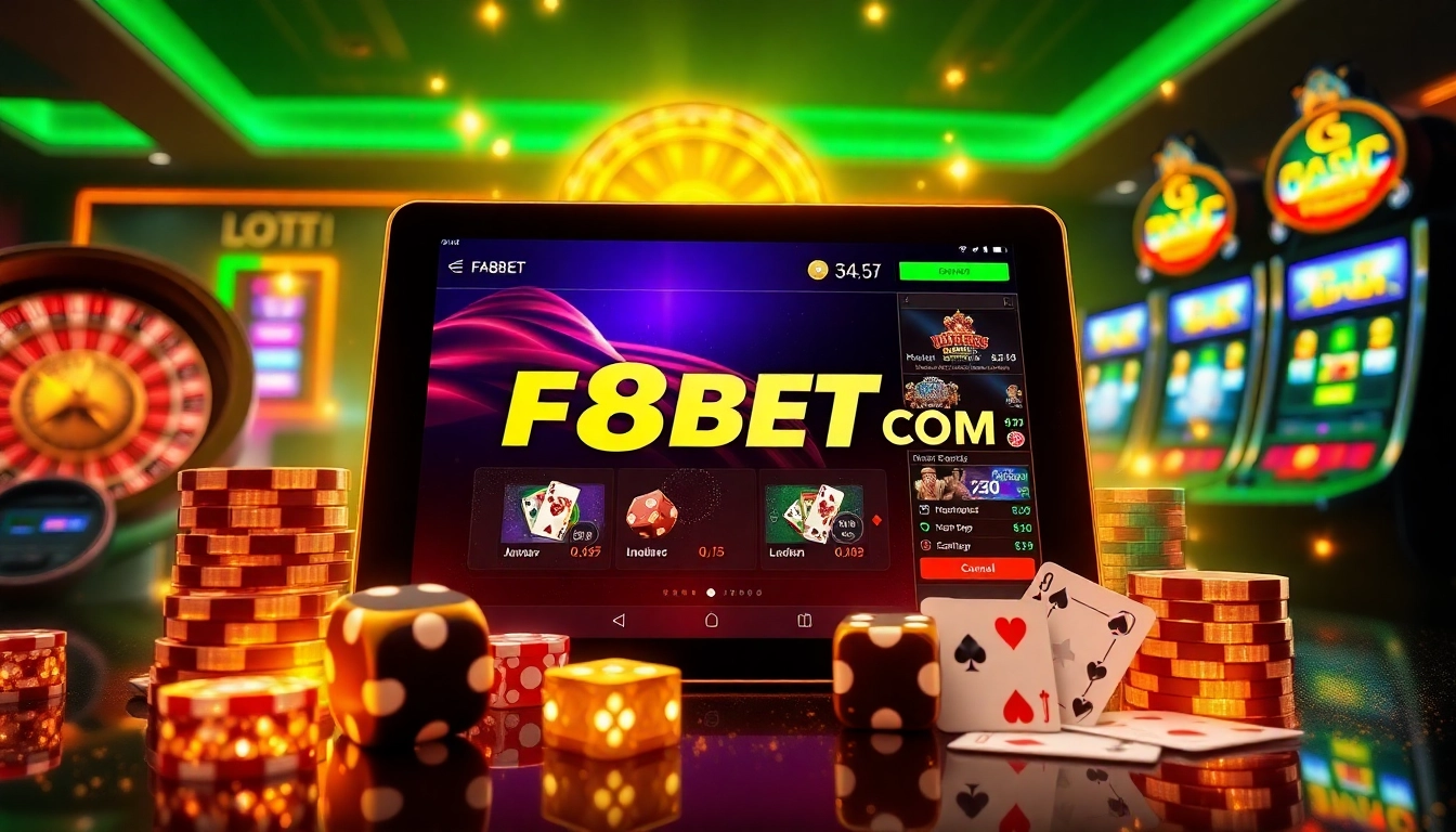 Experience the thrilling moments at F8BET COM with vibrant casino elements like poker chips and roulette wheels.