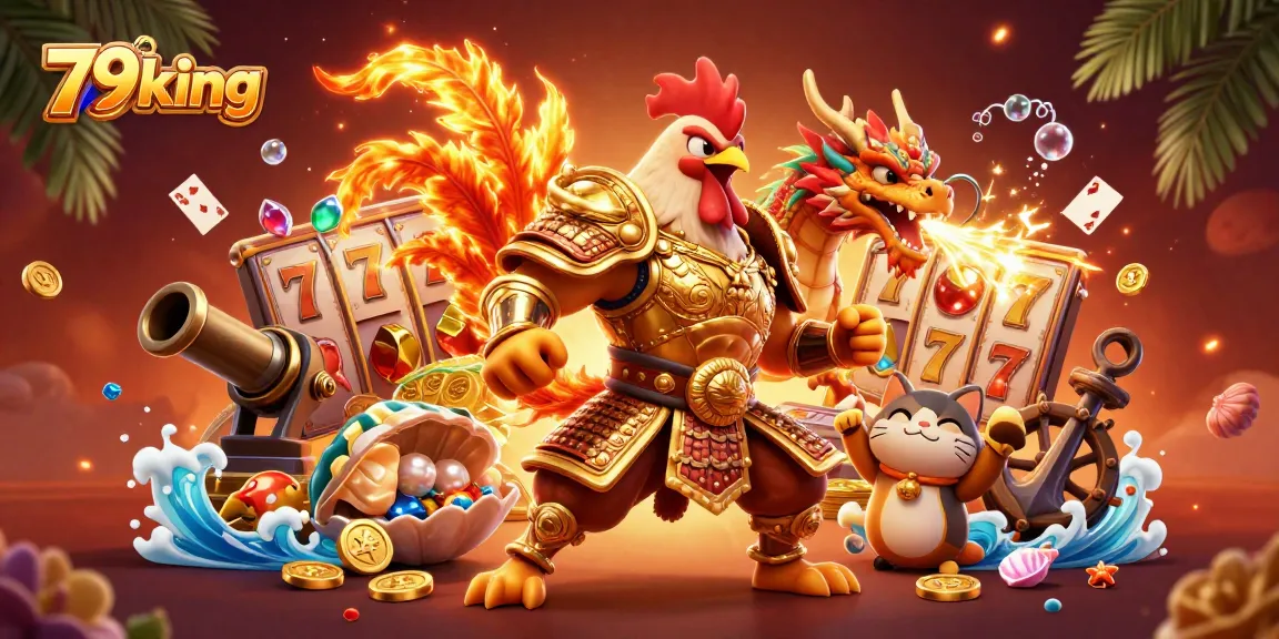 Engage in thrilling slots action with 79king's festive 3D illustration featuring warriors and treasures.
