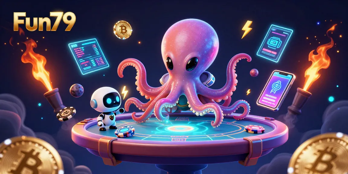 Engage with Fun79's thrilling casino experience featuring a playful alien octopus and robot at a holographic gaming table.